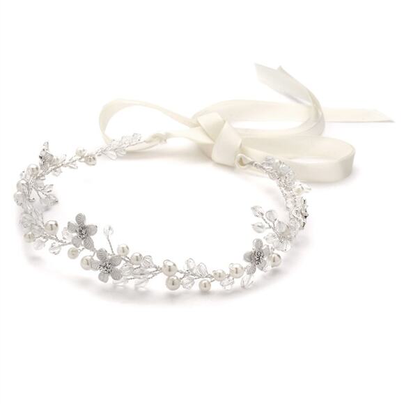 Pearl & Crystal Floral Bridal Headband – Handmade Hair Vine Tiara - Picture 2 of 7